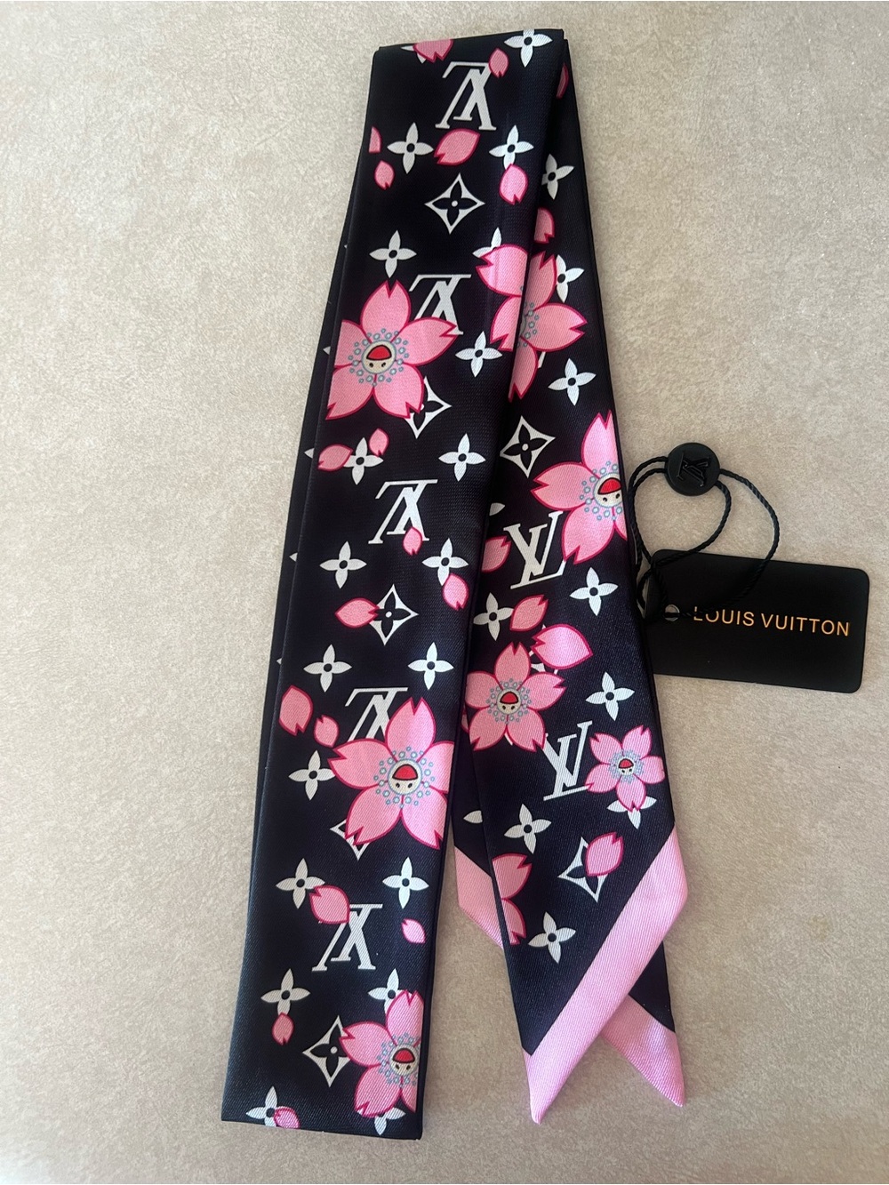 Louis Vuitton Black & Pink Floral Monogram Silk Twilly